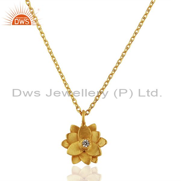 Good Look Flower Design White Zirconia Brass Chain Pendant With 18k Gold  Plated