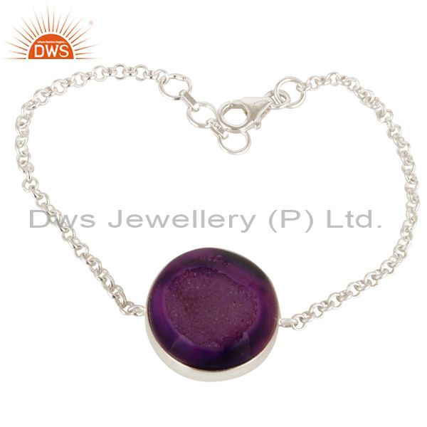 Purple druzy agate solid sterling silver chain bracelet with lobster lock