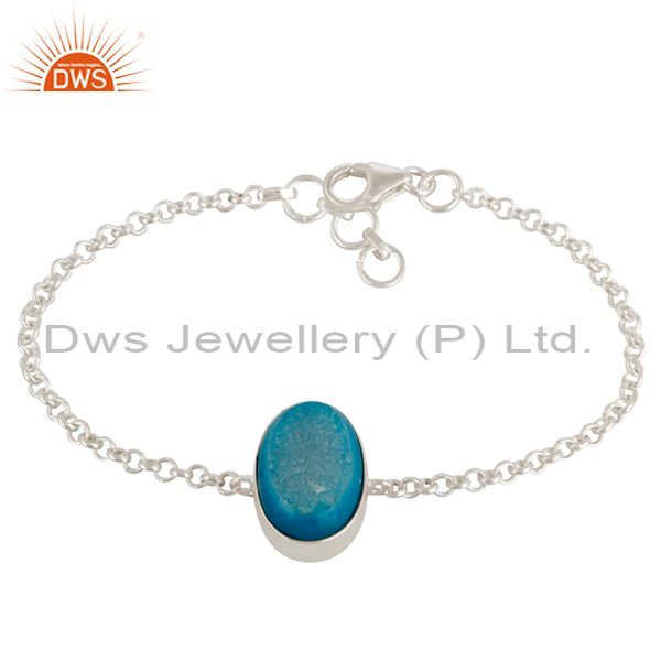 Oval shaped druzy agate sterling silver bezel-set chain bracelet