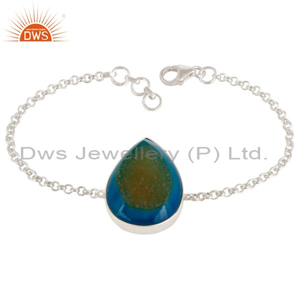 Natural blue druzy agate pear shape sterling silver chain bracelet