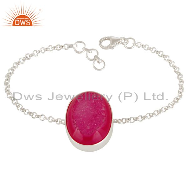 Genuine sterling silver pink druzy agate gemstone fashion bracelet