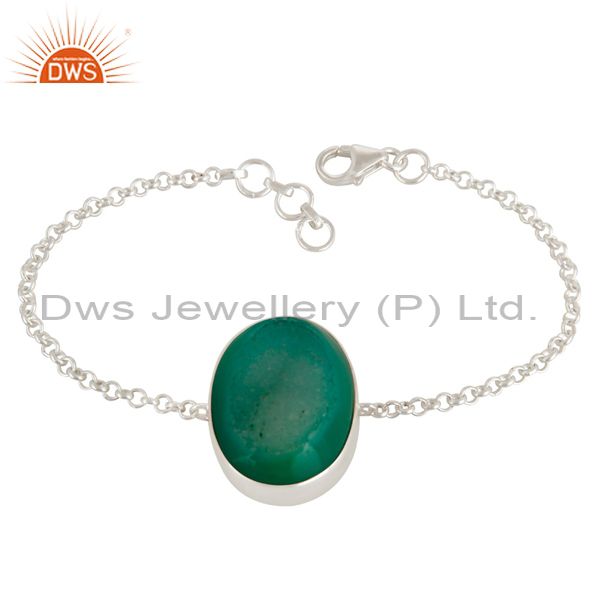 Green druzy agate gemstone fashion bracelet in solid sterling silver