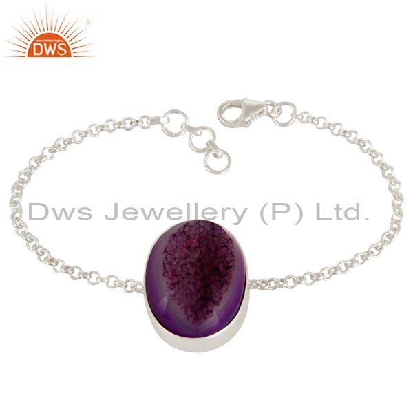 Purple druzy agate gemstone solid sterling silver bracelet