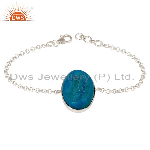 925 sterling silver blue druzy agate womens chain bracelet with lobster lock
