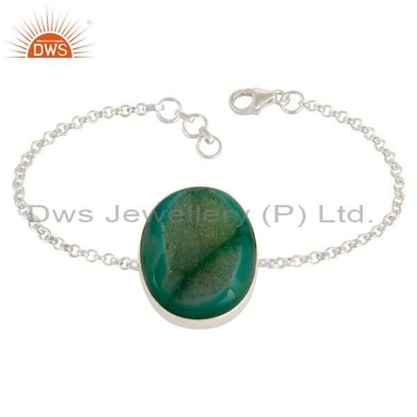 Sterling silver green druzy agate bezel set chain bracelet with lobster lock