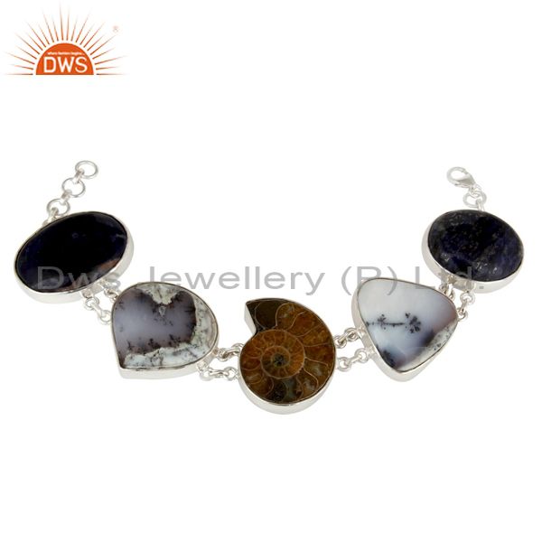 Natural ammonite, lapis lazuli and dendritic opal sterling silver bracelet