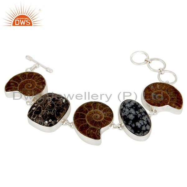 Handmade solid sterling silver ammonite and turritella agate bezel set bracelet