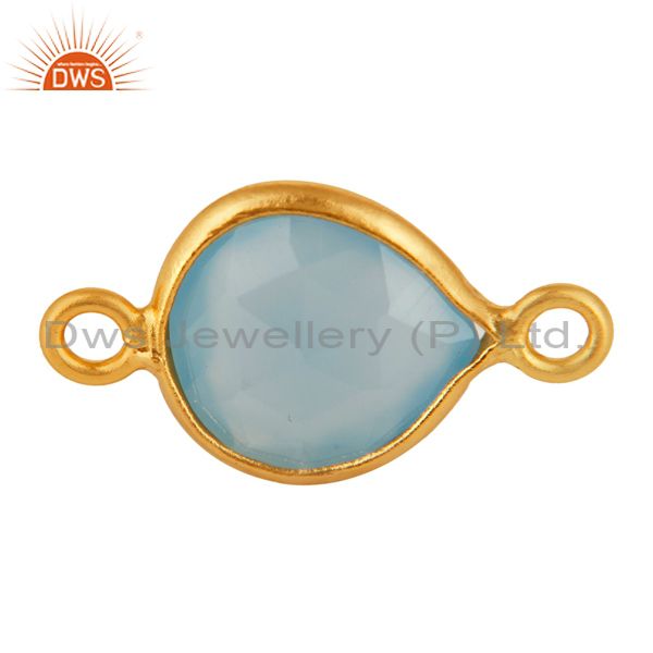 Faceted blue aqua chalcedony gemstone sterling silver connector - gold plated