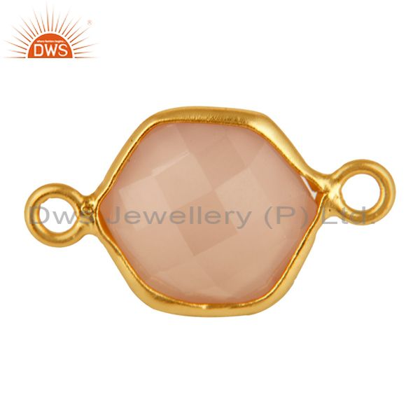 Faceted rose chalcedony gemstone hexagon shape silver connector - gold vermeil
