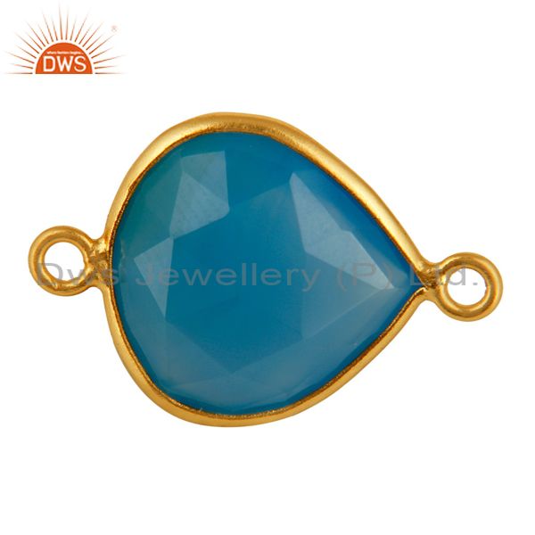 Dyed aqua blue chalcedony gemstone bezel-set connector in 18k gold on 925 silver