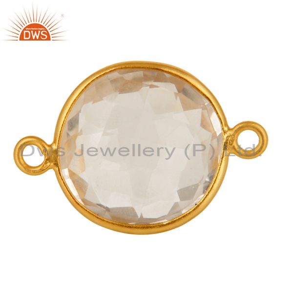 15mm round crystal quartz gold plated 925 silver bezel double link connector