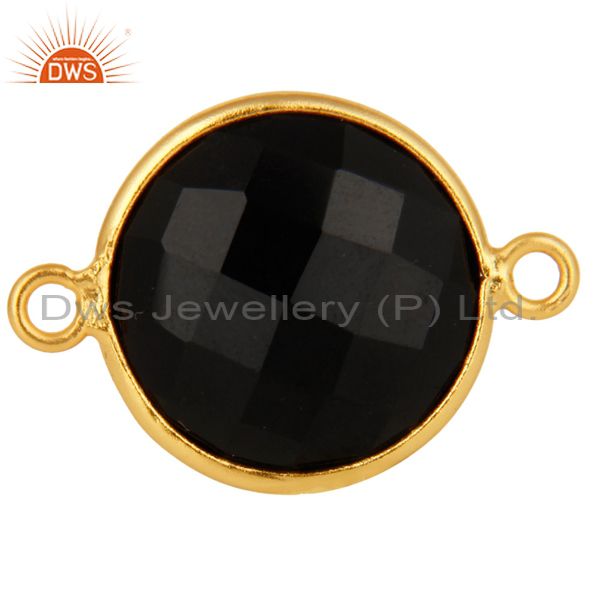 15mm black onyx faceted gemstone sterling silver connector with gold plated