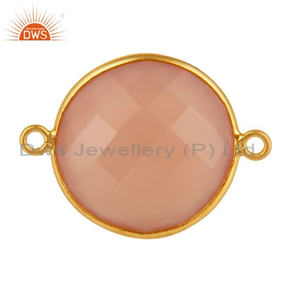 Faceted rose chalcedony gemstone sterling silver bezel connector - gold plated