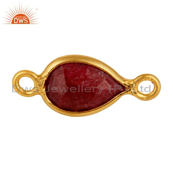 Ruby red corundum gemstone bezel-set sterling silver connector - gold plated