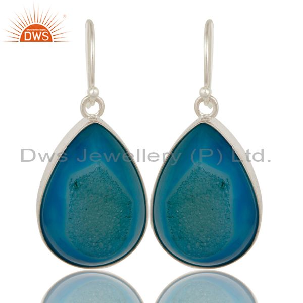 Natural Blue Druzy Agate Sterling Silver Bezel-Set Drop Earrings For Women