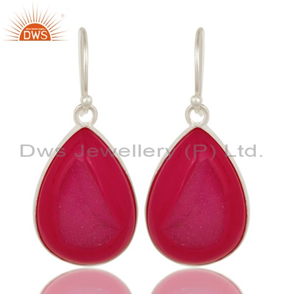 Natural Pink Druzy Agate Sterling Silver Bezel-Set Drop Earrings