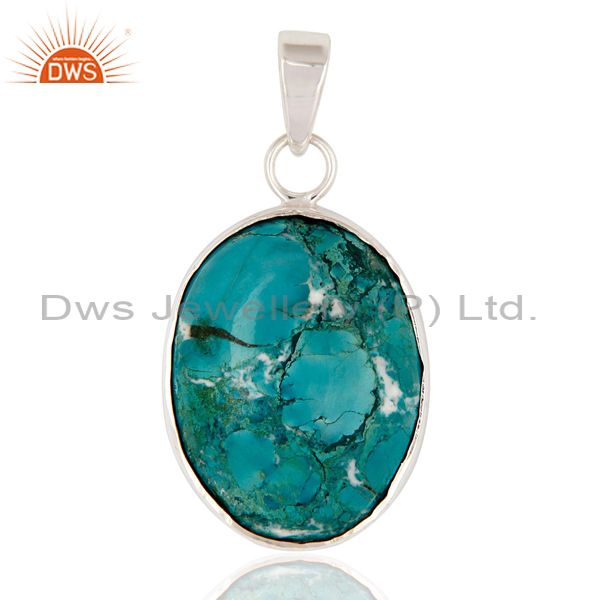Solid sterling silver genuine turquoise semi-precious stone bezel-set pendant