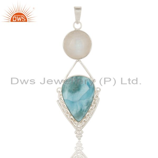 Natural rainbow moonstone and larimar solid sterling silver pendant