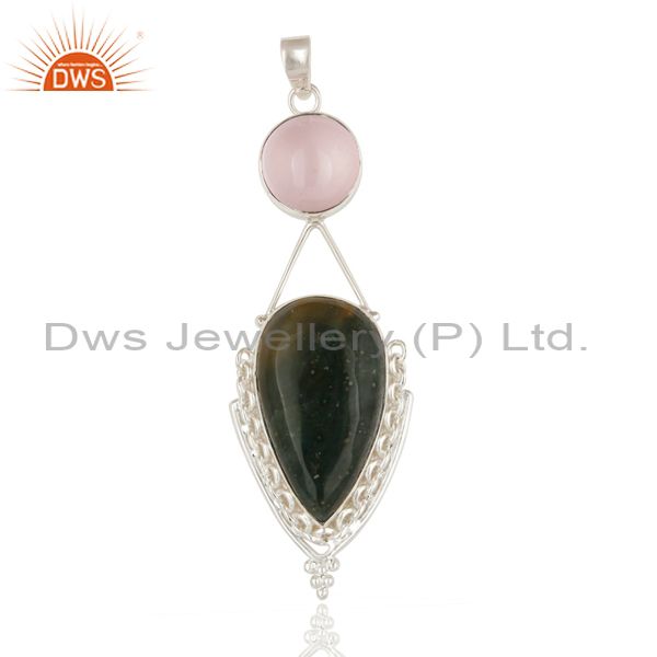 Handmade sterling silver rose quartz and vasonite pendant