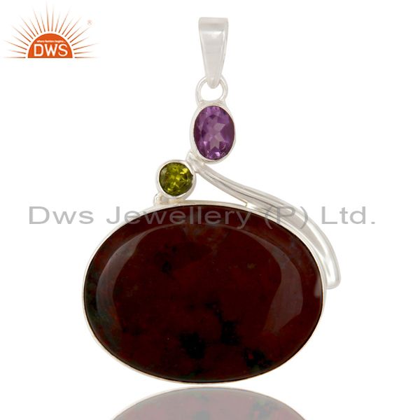 Blood stone, amethyst and peridot solid sterling silver handmade pendant