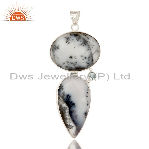 Handmade dendritic opal and blue topaz gemstone solid sterling silver pendant