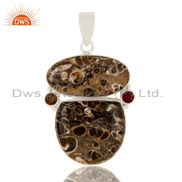 Natural turritella agate, garnet and smoky quartz sterling silver stone pendant