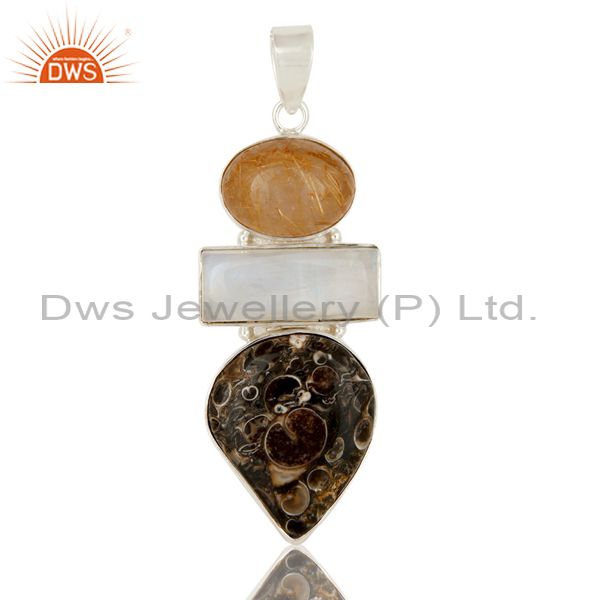 Rainbow moonstone, rutilated quartz and turritella agate sterling silver pendant