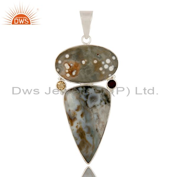 Natural ocean jasper, citrine and smoky quartz sterling silver bezel set pendant