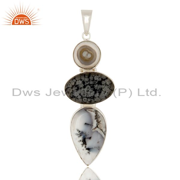 Natural dendritic opal, and snowflake obsidian bezel set sterling silver pendant