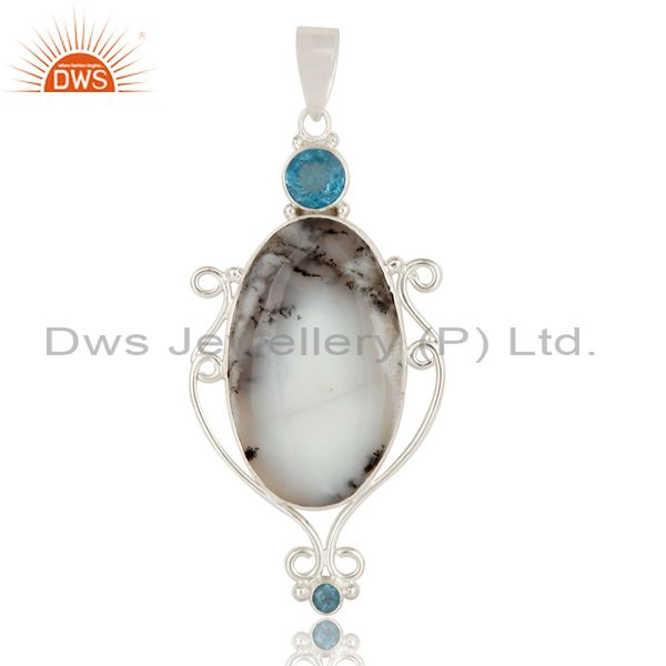 Handmade sterling silver dendritic opal and blue topaz bezel set pendant
