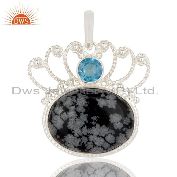 Handmade sterling silver snowflake obsidian and blue topaz designer pendant