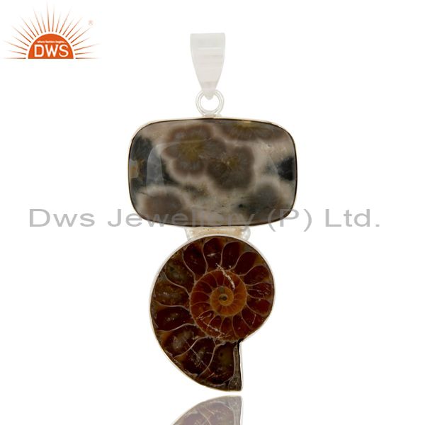 Handmade sterling silver ocean jasper and ammonite bezel set pendant