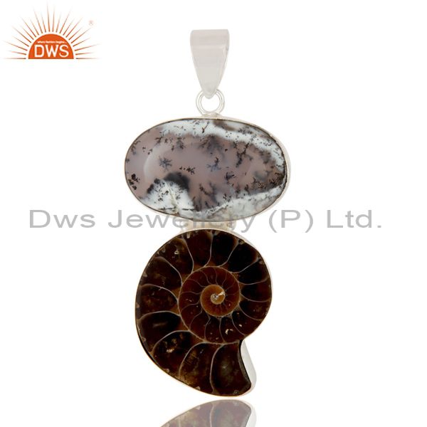 Handmade solid sterling silver ammonite and dendritic opal bezel set pendant