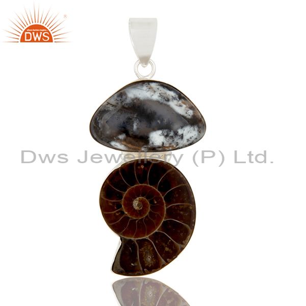 Handmade sterling silver ammonite and dendritic opal gemstone pendant
