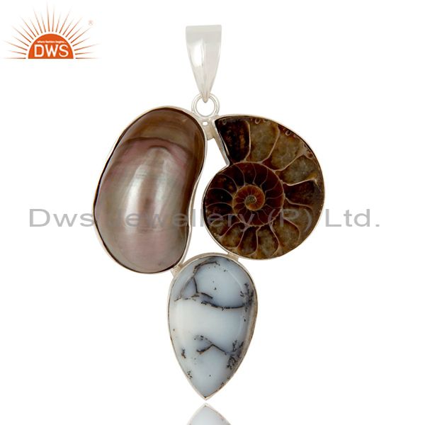 Natural mabe pearl, dendritic opal and ammonite solid sterling silver pendant