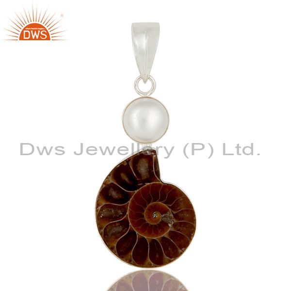 Handmade sterling silver natural mabe pearl and ammonite pendant