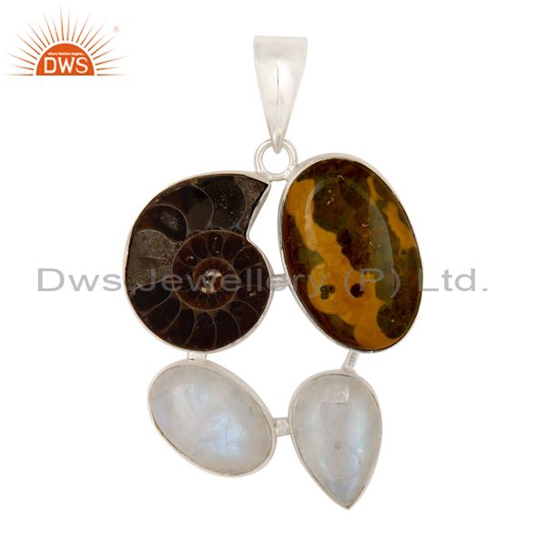 Handmade ammonite and rainbow moonstone bezel set sterling silver pendant