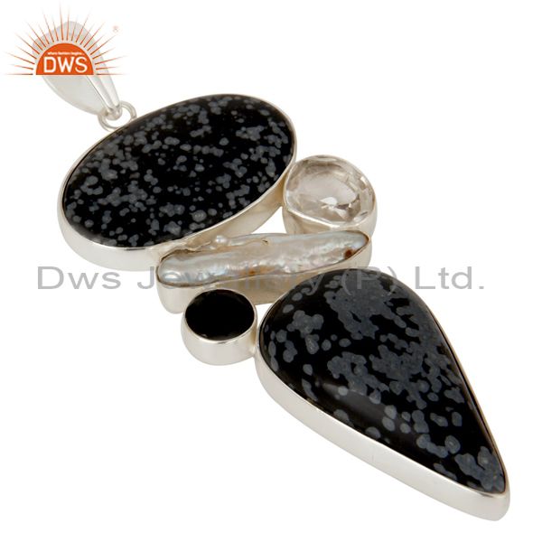 Snowflake obsidian, crystal and fresh water pearl sterling silver pendant
