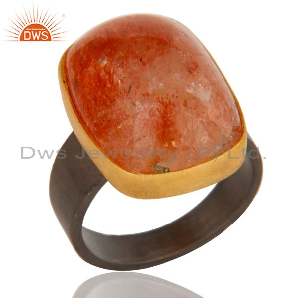 18k gold plated & black oxidized 925 sterling silver natural sun stone ring