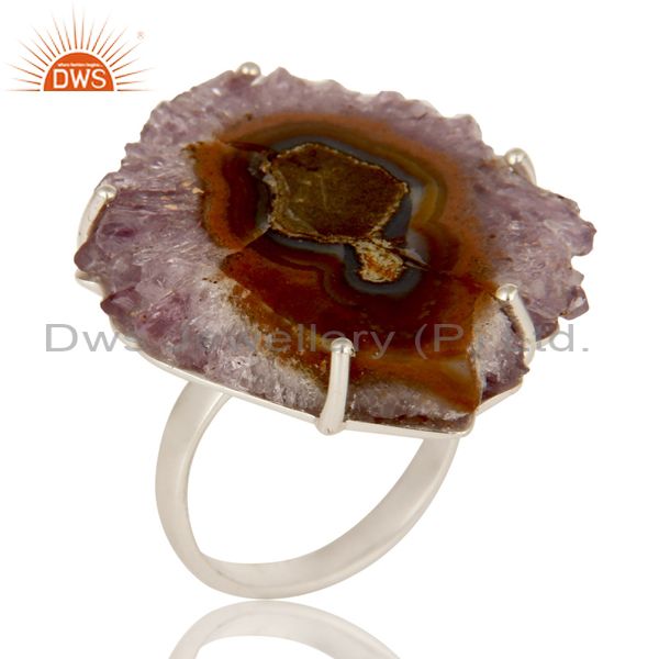Handmade 925 Sterling Silver Amethyst Stalactite Druzy Prong Set Cocktail Ring