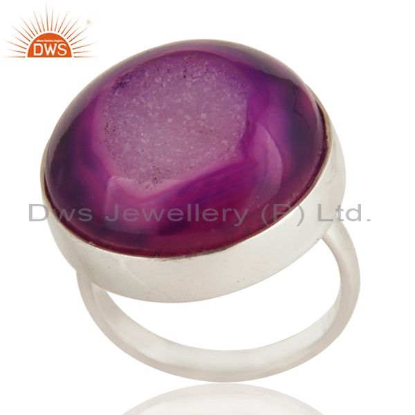 Purple Druzy Agate Gemstone Bezel Set Stacking Ring in Solid Sterling Silver