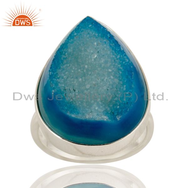 Genuine 925 Sterling Silver with Blue Drusy Agate Statement Ring