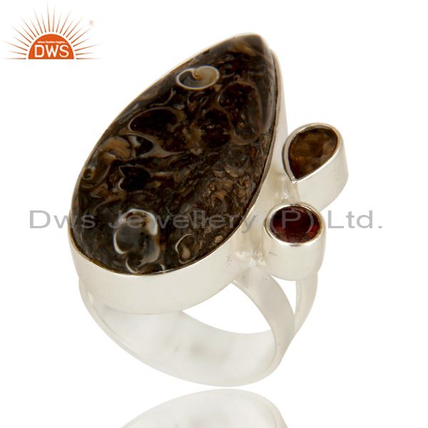Handmade Solid Sterling Silver Smoky Quartz And Turritella Agate Statement Ring
