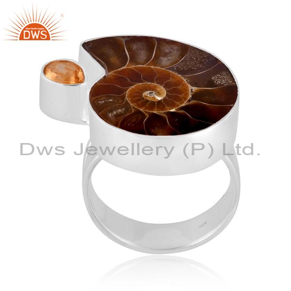 Handmade Natural Ammonite & Pear Cut Citrine 925 Sterling Silver Statement Ring