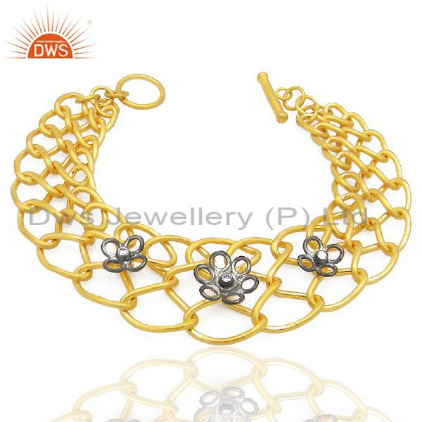 18k yellow gold plated brass cubic zirconia link chain fashion bracelet