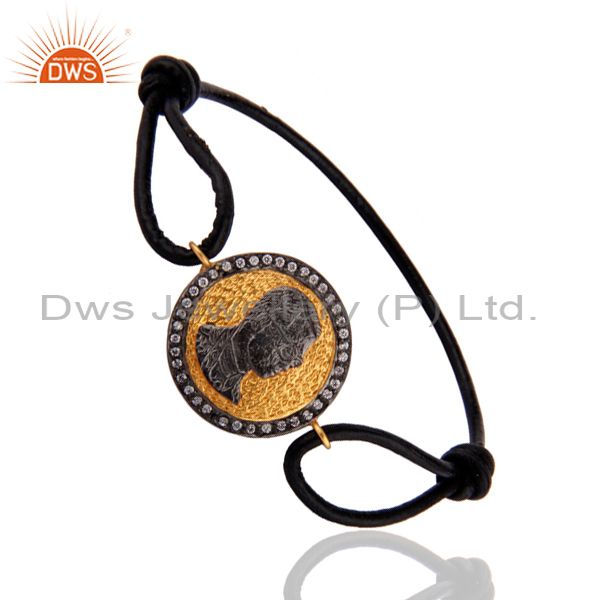 Black leather jewelry with 18k gold plated face sign finding bracelets for mens