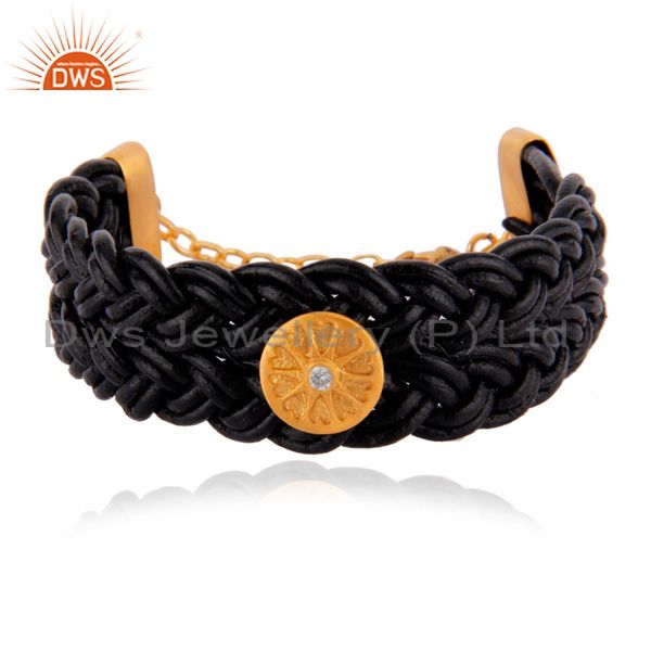 18k gold plated white zircon black leather wrap wide leather bangle bracelet