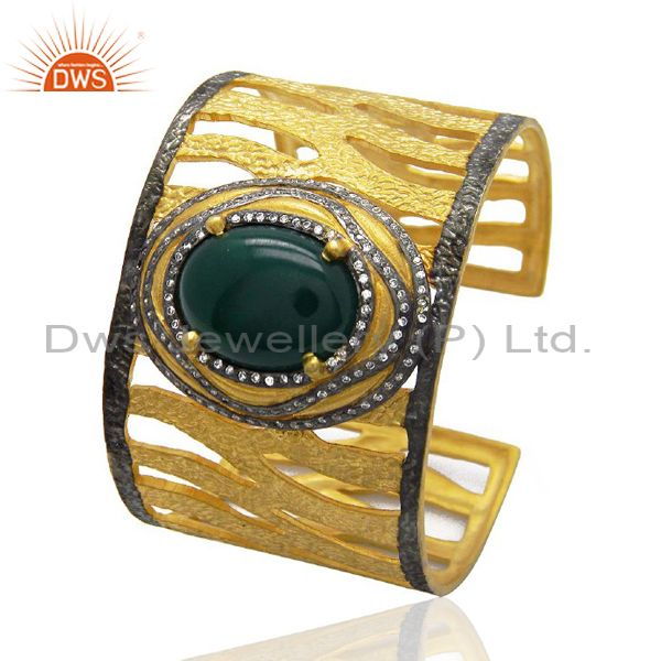 Gold plated green onyx and cz textured cuff