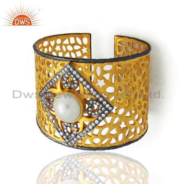 22k yellow gold plated brass filigree wide cuff bracelet with pearl and cz