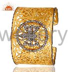 22k yellow gold plated filigree butterfly hammered wide cuff bracelet with cz
